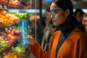 A woman looking at a display of fruits and vegetables | AI consumer