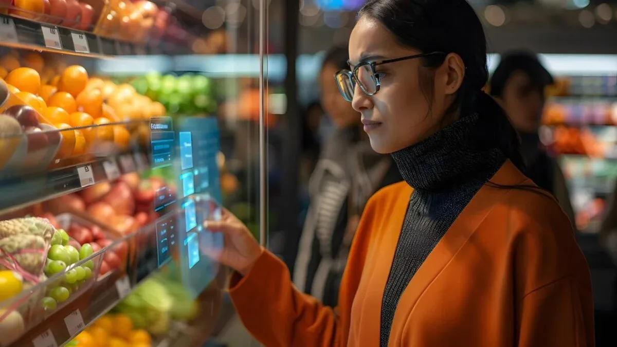 A woman looking at a display of fruits and vegetables | AI consumer