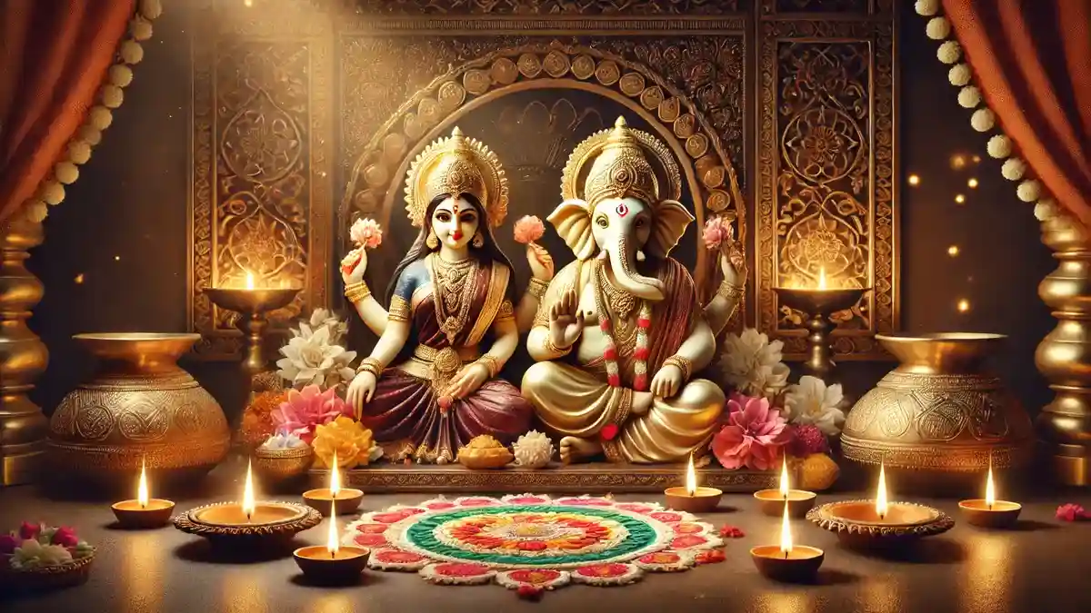 AfestiveDiwaliscenefeaturingidolsofLakshmiandGaneshwithGaneshplacedonLakshmisleftside.Theidolsshouldbeadornedwithfreshflowers: Diwali 2024 Shubh Muhurat