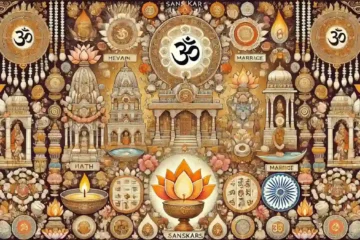 An intricate and respectful image representing the 16 Sanskars (Hindu rituals) from Indian traditions.