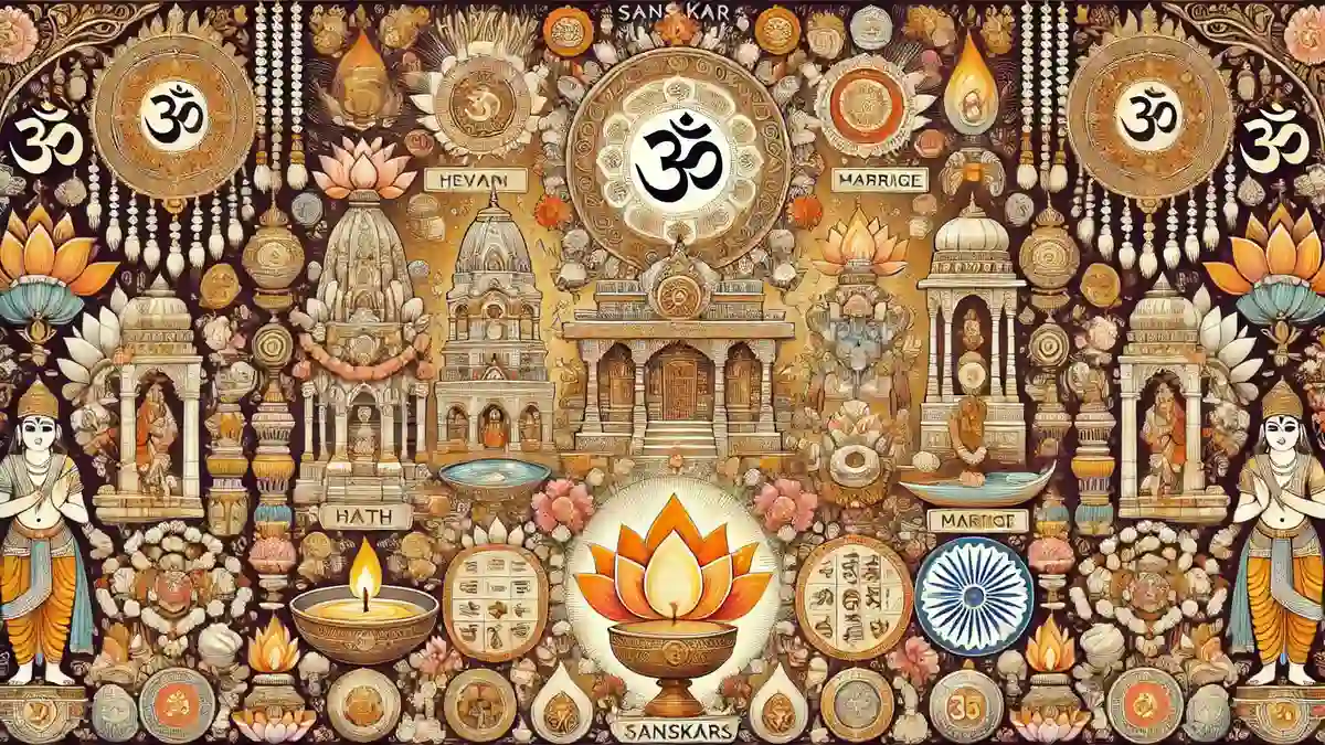 An intricate and respectful image representing the 16 Sanskars (Hindu rituals) from Indian traditions.