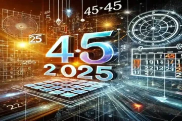 2025 The Perfect Year | An artistic image celebrating the mathematical uniqueness of the year 2025 as a perfect square year. Highlight the equation '45×45=2025' prominently