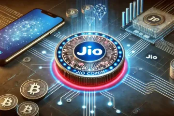 Jio Coin Kaise Kharide | futuristic digital illustration representing 'Jio Coin,' a conceptual cryptocurrency associated with Jio.