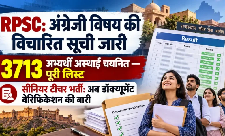 RPSC Senior Teacher भर्ती: अंग्रेजी विषय की विचारित सूची जारी, 3713 अभ्यर्थी अस्थाई रूप से चयनित, जानें कट ऑफ RPSC Senior Teacher Bharti | 31 अक्टूबर से भरें डिटेल फॉर्म — जानें प्रोसेस RPSC टीचर भर्ती: कट ऑफ मार्क्स यहां देखें